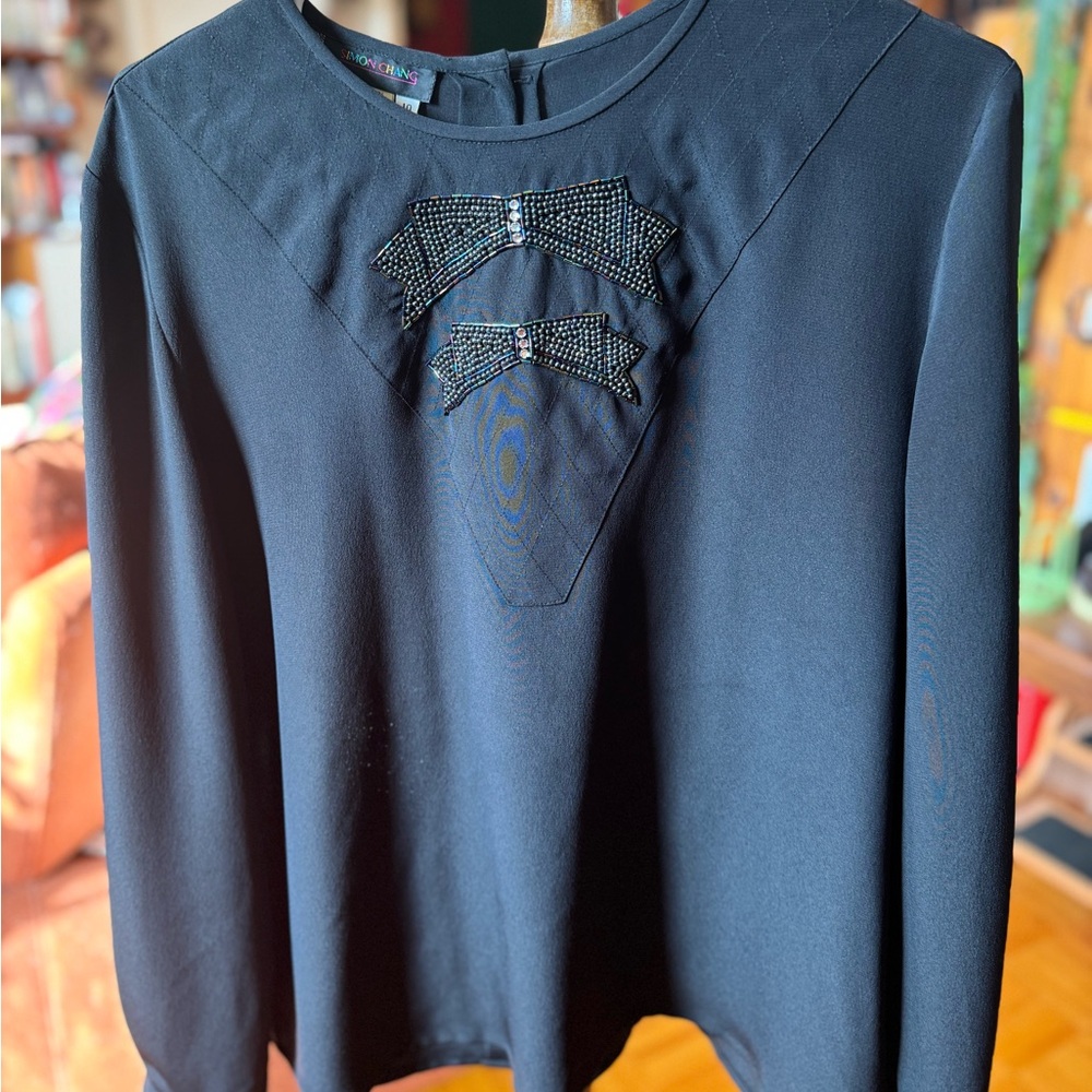 SIMON CHANG Vintage Black Long Sleeve Shirt with Beaded Bows